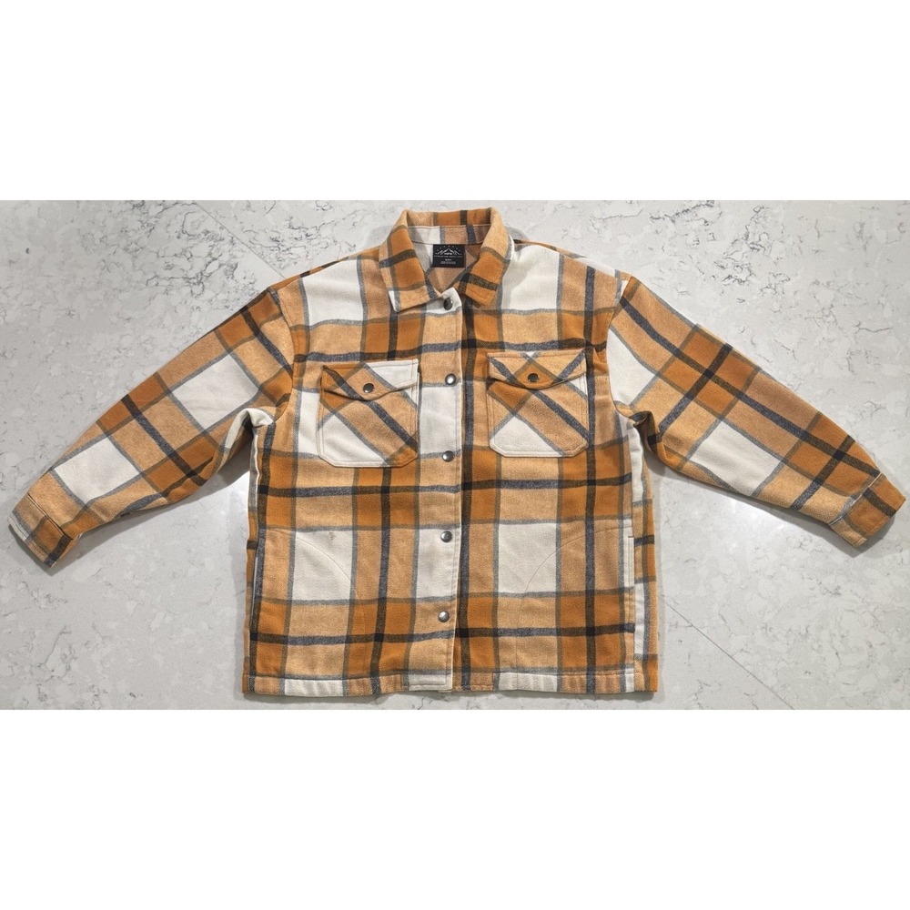 HFX Flannel Shirt Jacket Mens Small Orange Yellow Plaid Snap Front Shacket Logo